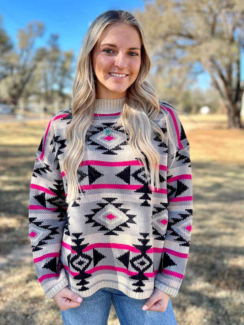 Black And Pink Aztec Knitted Sweater | shirtandskin