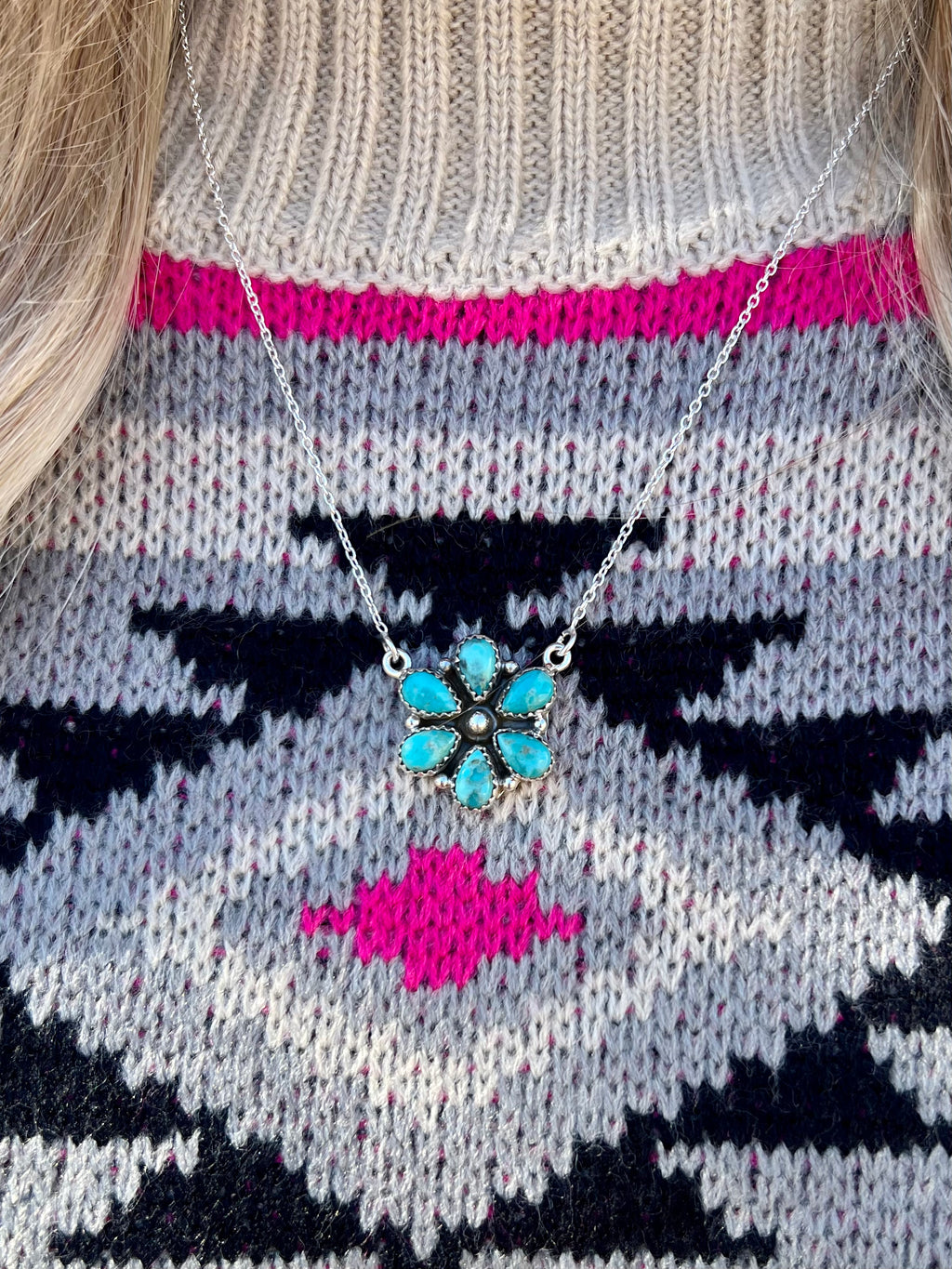 Turquoise Princess Flower Navajo Sterling Silver Necklace | shirtandskin