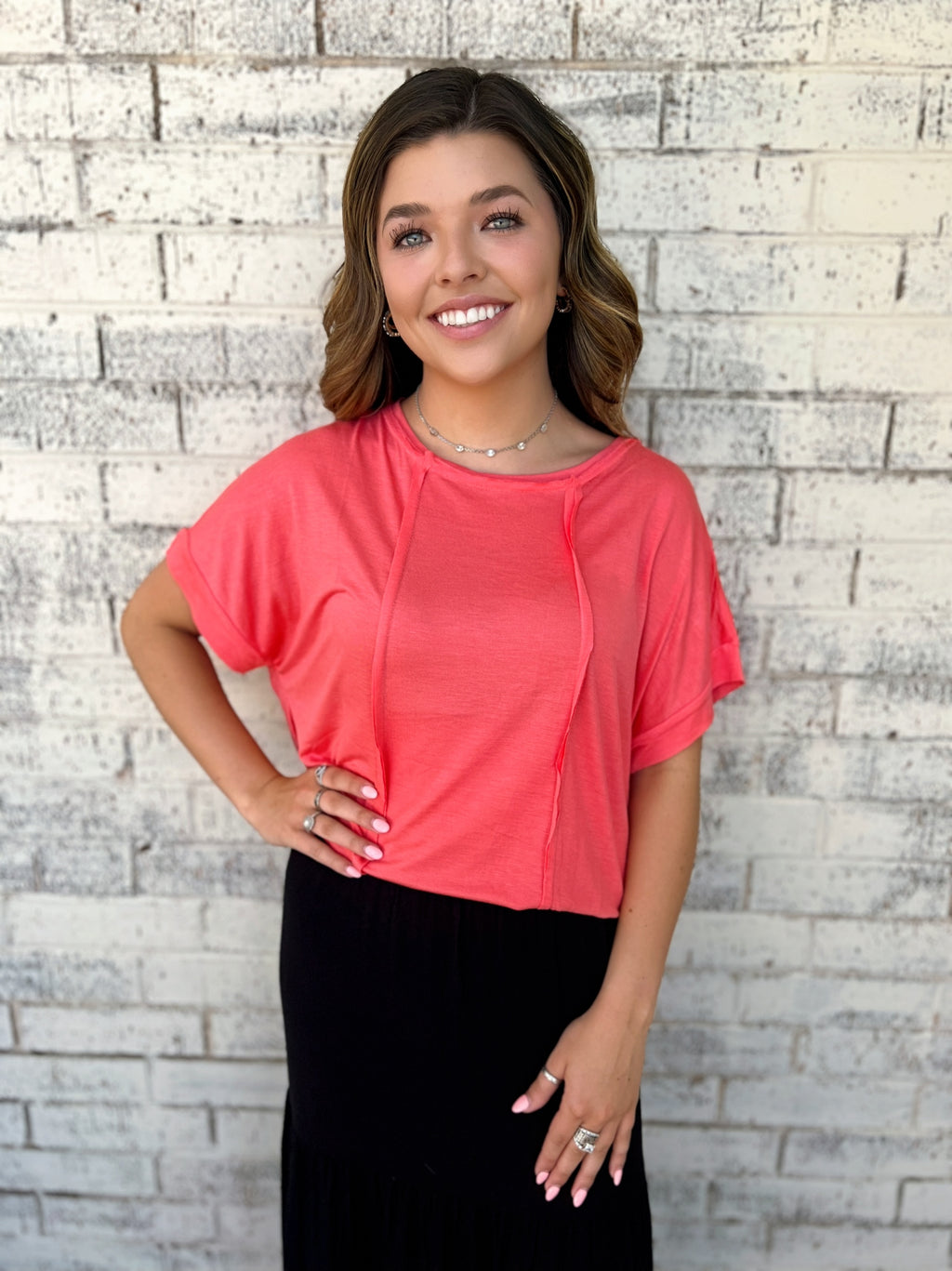 Coral Pink Round Neck Top| shirtandskin