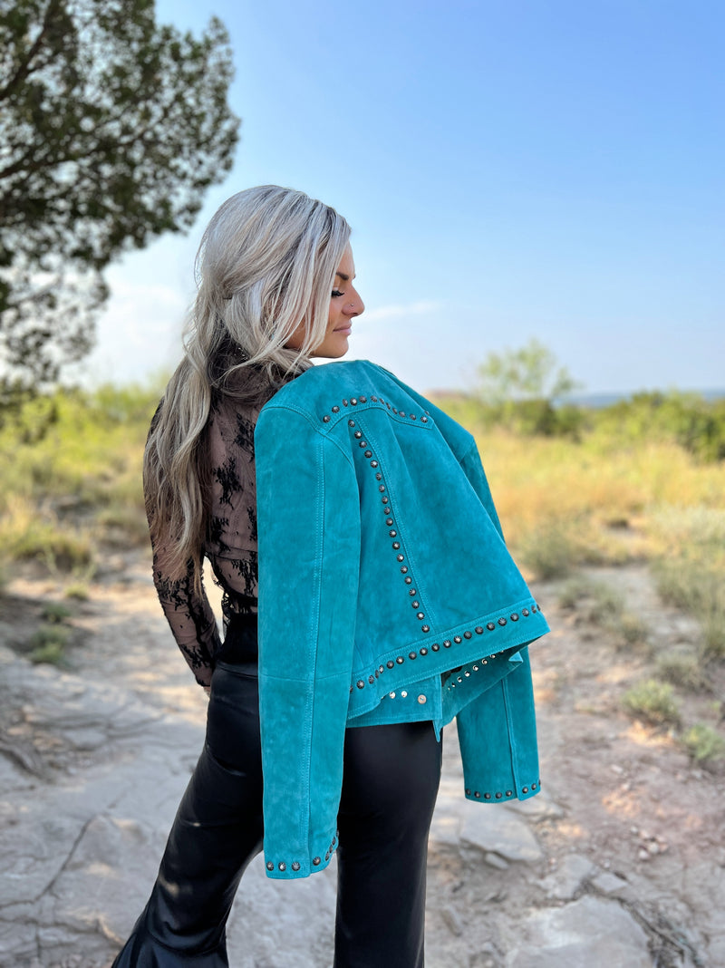 It's Getting Dangerous Studded Leather Jacket - Turquoise | shirtandskin