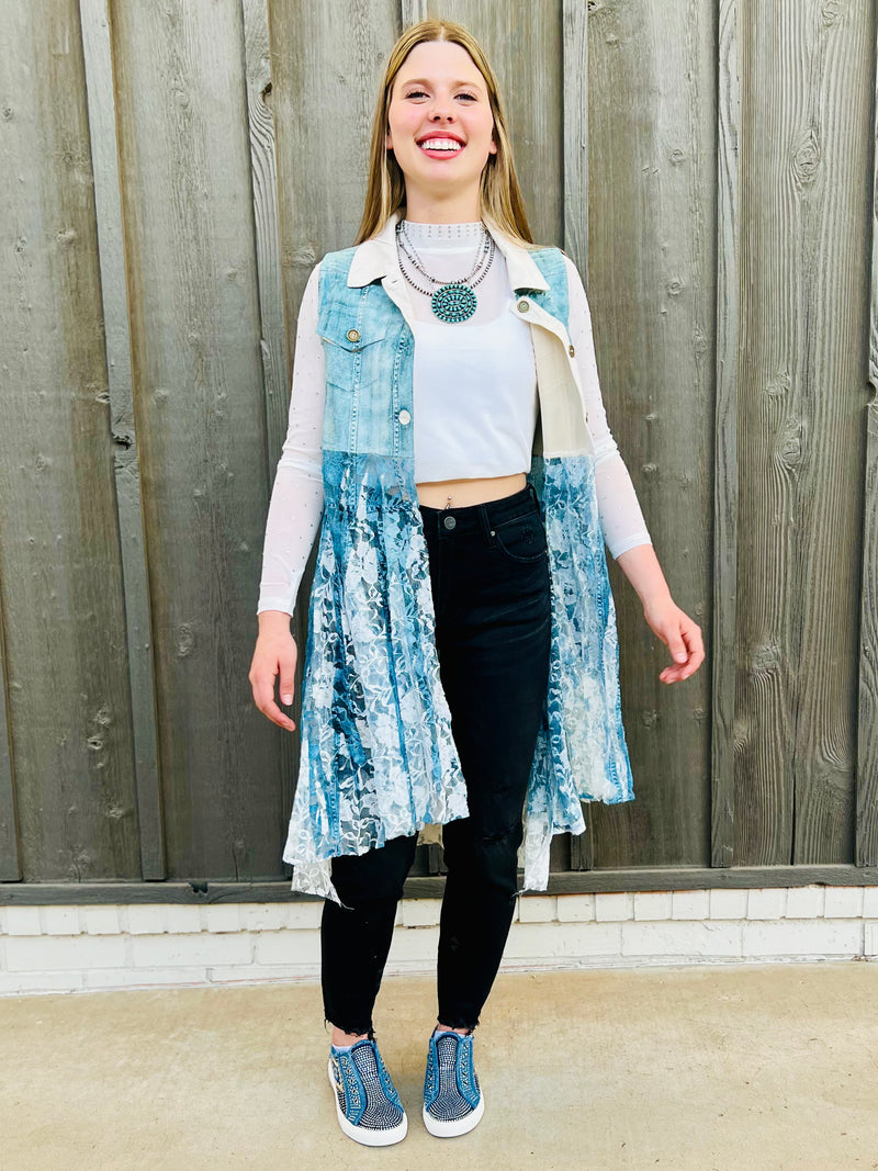 Denim Lace Layered Vest Cardigan | shirtandskin