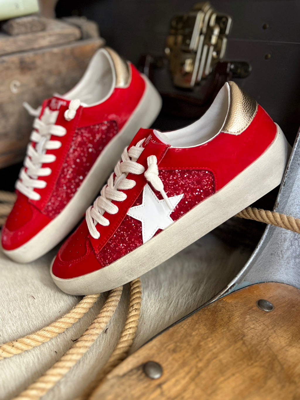 The Red Glittered Gold Star Sneakers | shirtandskin