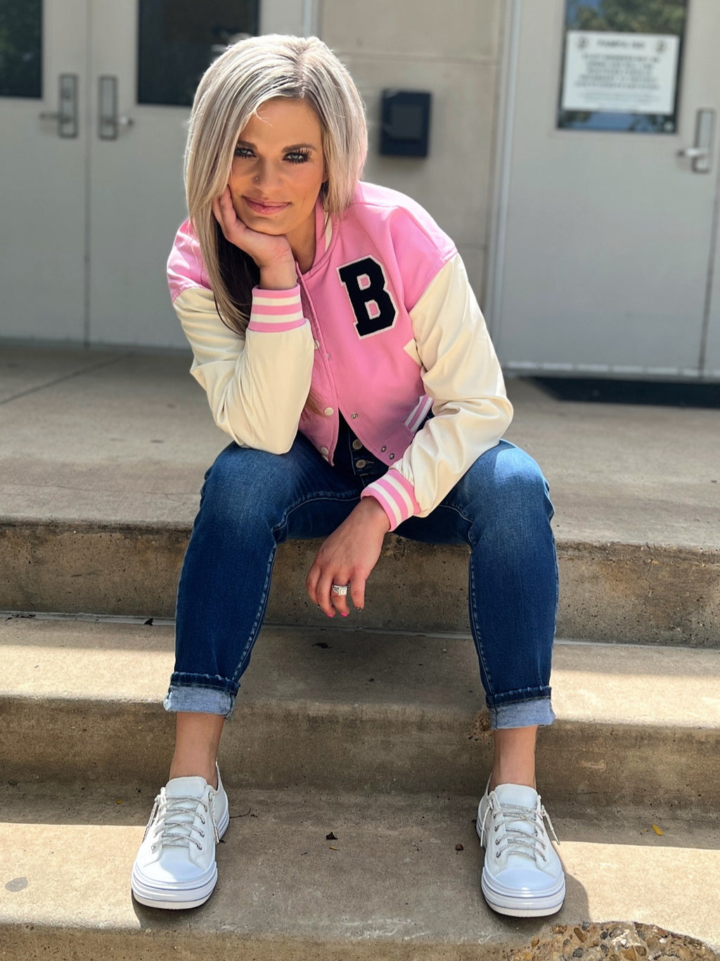 The Pink B Varsity Letterman Jacket | shirtandskin