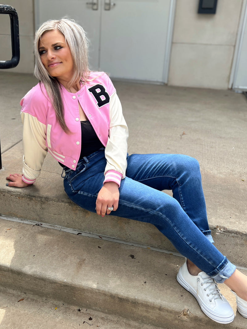 The Pink B Varsity Letterman Jacket | shirtandskin