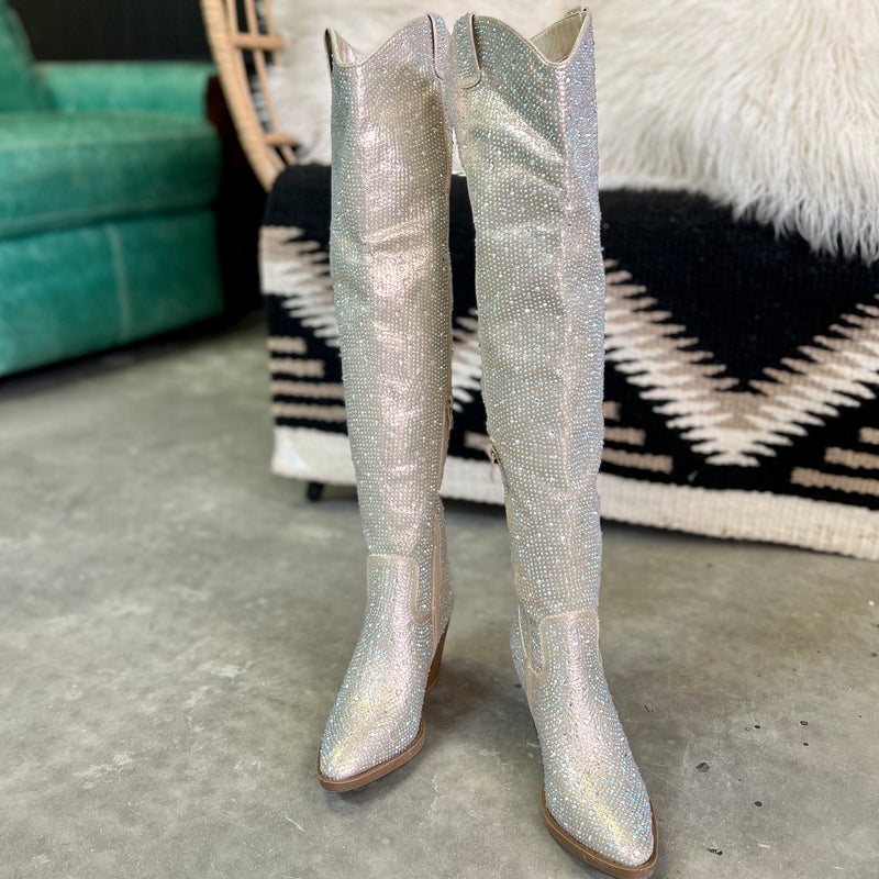 Champagne Bring Ya To Your Knees Rhinestone Boots | shirtandskin