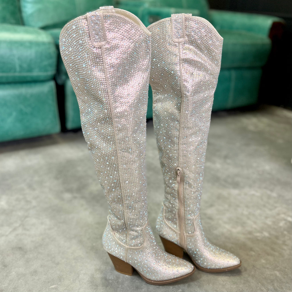 Champagne Bring Ya To Your Knees Rhinestone Boots | shirtandskin