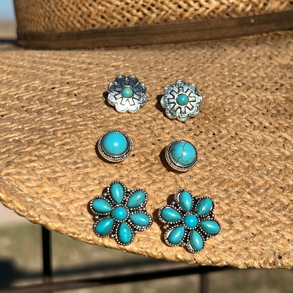 Turquoise Flowers Earrings- 3 Set | shirtandskin