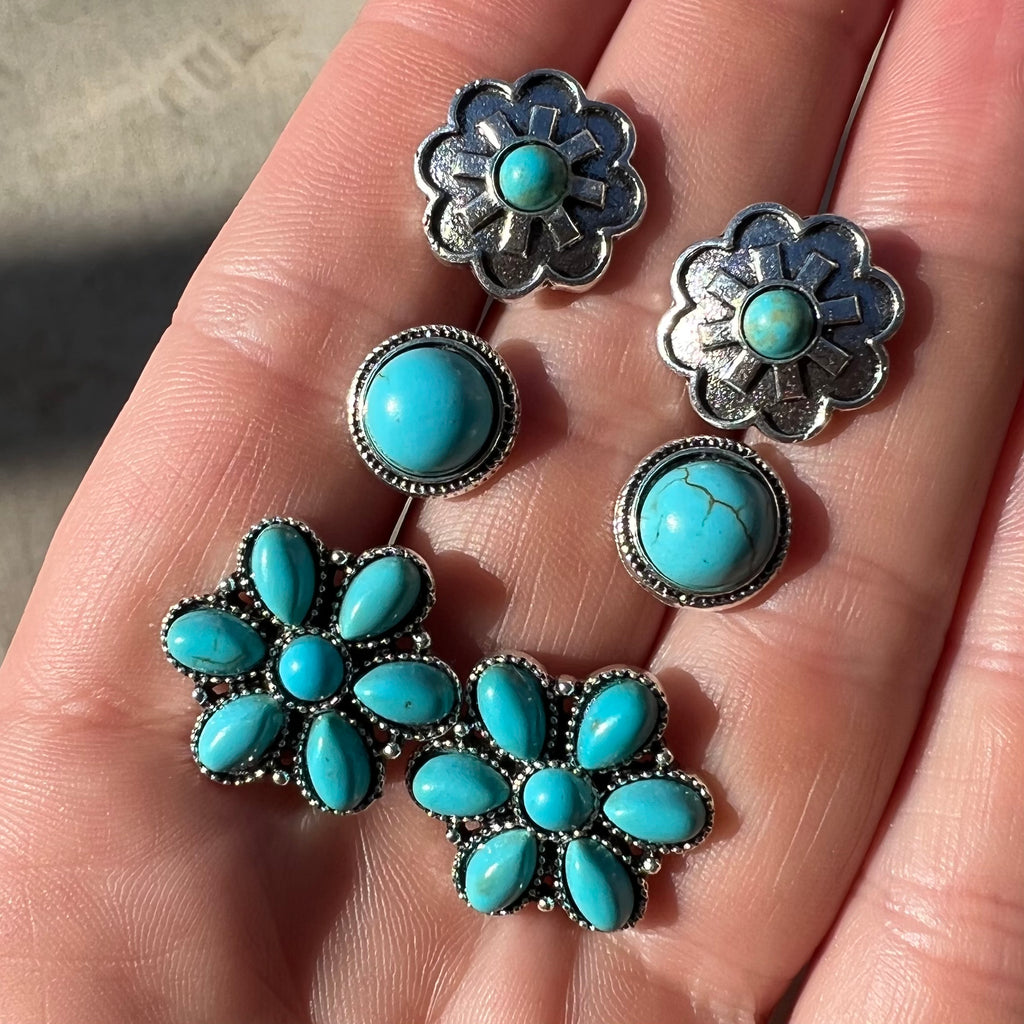 Turquoise Flowers Earrings- 3 Set | shirtandskin