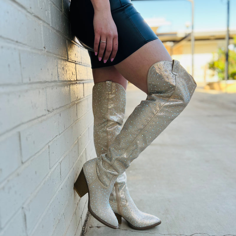 Champagne Bring Ya To Your Knees Rhinestone Boots | shirtandskin